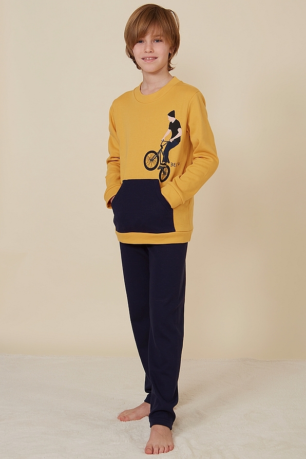BOY LONG COTTON PYJAMAS WITH POCKET AND BICYCLE PRINT