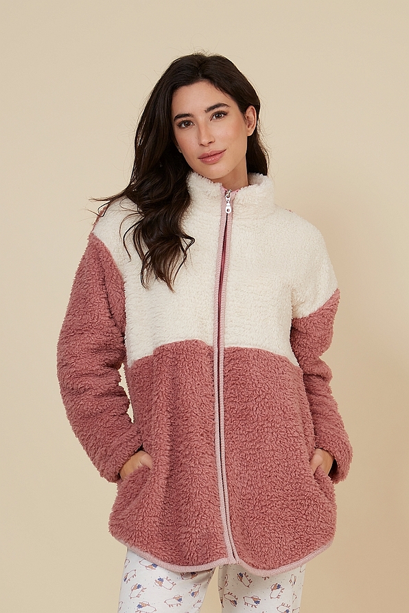WOMAN FLUFFY FLEECE TWO COLOR JACKET WITH ZIP AND SIDE POCKETS