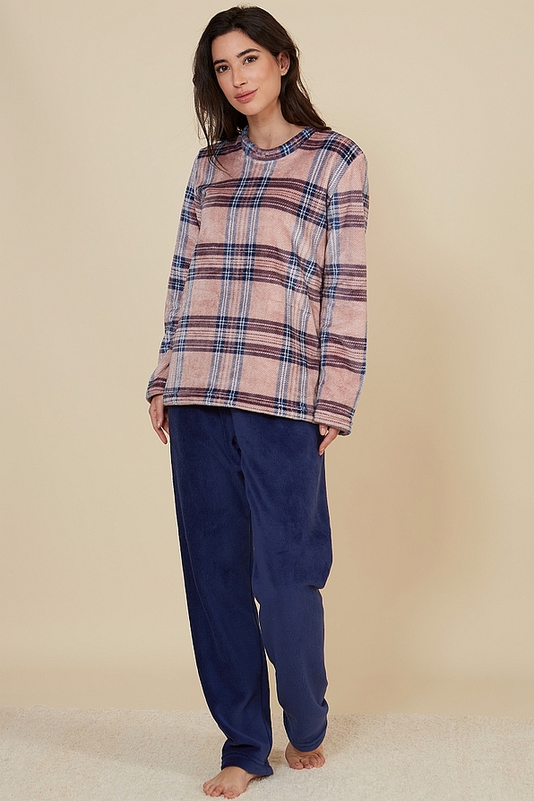 WOMAN LONG FLEECE PYJAMAS WITH TARTAN PATTERN CLOSED NECK AND OPEN LEGS