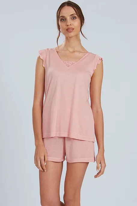 ΓΥΝΑΙΚΕΙΑ ΚΟΝΤΗ MODAL ΠΙΤΖΑΜΑ ΜΟΝΟΧΡΩΜΗ ΜΕ ΛΕΠΤΟΜΕΡΕΙΕΣ ΔΑΝΤΕΛΑΣ ΚΑΙ ΒΟΛΑΝ