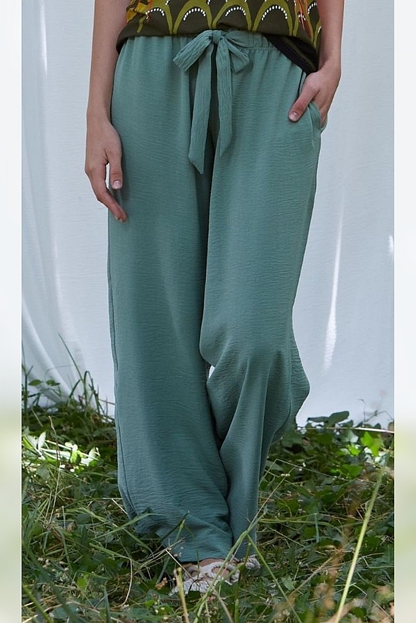 WOMΑΝ WIDE LEG TROUSERS PLAIN WITH POCKETS AND DROWCORDS BELT
