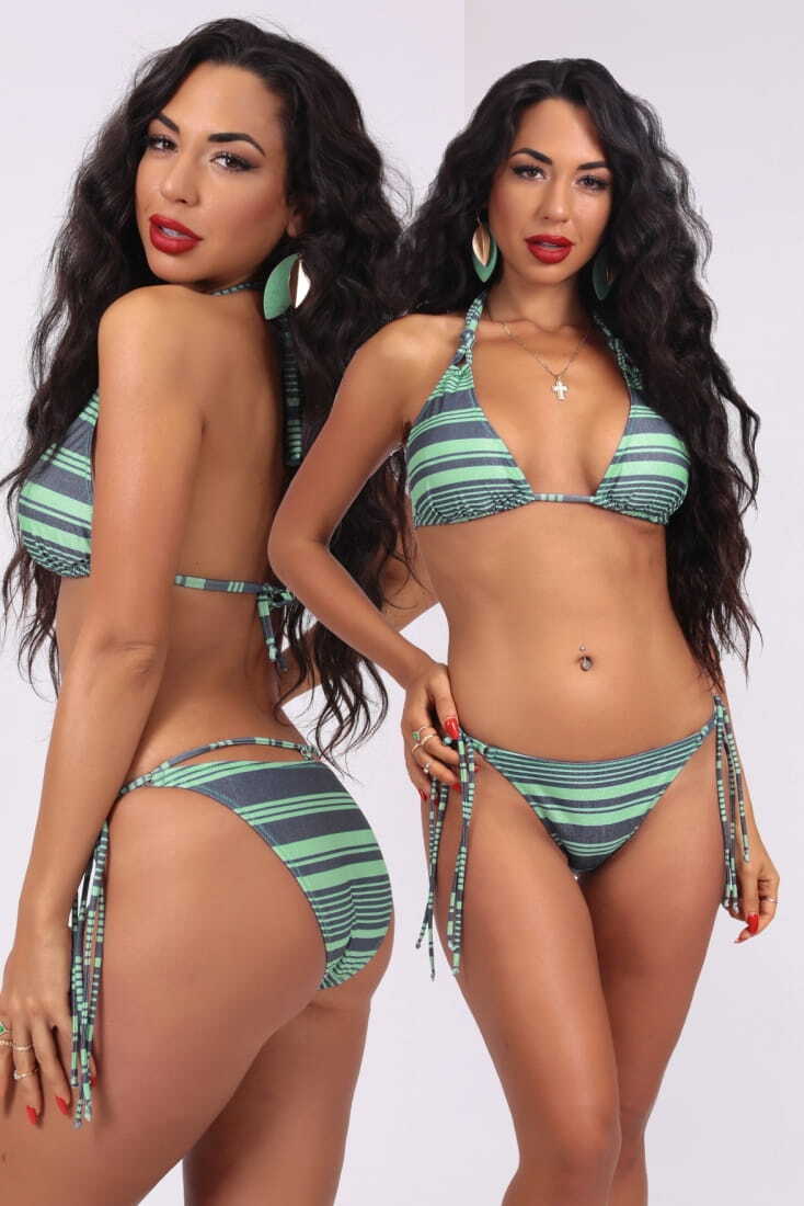 ΓΥΝΑΙΚΕΙΟ ΜΑΓΙΟ BIKINI ΣΕΤ ΓΥΑΛΙΣΤΕΡΟ ΡΙΓΕ ΤΥΠΩΜΑ TOP ΤΡΙΓΩΝΟ CUP D ΜΕ ΑΠΟΣΠΩΜΕΝΗ ΕΝΙΣΧΥΣΗ ΧΩΡΙΣ ΜΠΑΝΕΛΑ ΚΑΙ ΣΛΙΠ TANGA ΜΕ ΚΟΡΔΟΝΙΑ