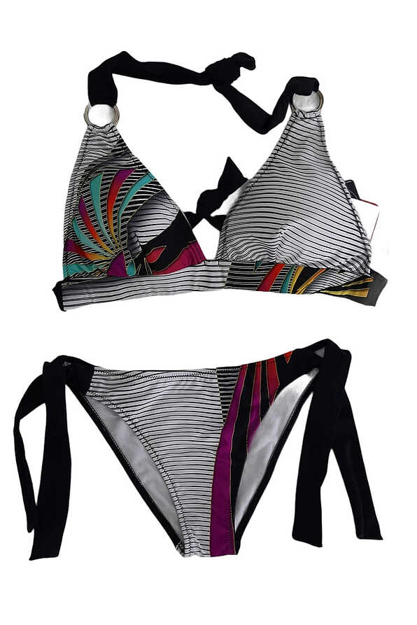 WOMAN BIKINI SET STRIPES/LEAVES PATTERN TRIANGLE TOP UNWIRED MOLDED CUP D AND SLIP TANGA TIESIDE