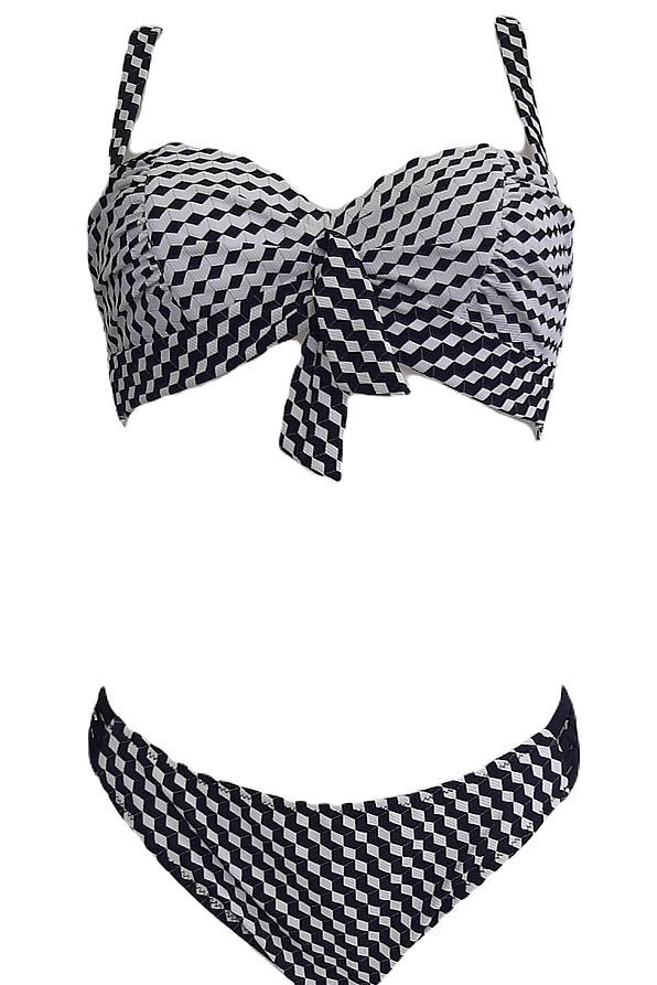 WOMAN BIKINI SET STRAPLESS BLACK AND WHITE ZIG ZAG PATTERN DETACHABLE STRAPS WIRED AND PADDED IN CUP D AND SLIP BIKINI WITH STRIPES ON SIDE