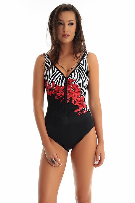 WOMAN ONEPIECE SWIMSUIT CUP C-F BODYSHAPING ANIMAL ZEBRA & FLORAL PRINT IN FRONT PLAIN BLACK HIGH BACK WIRELESS