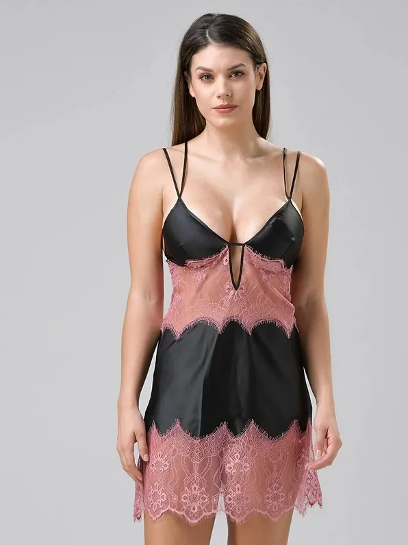 LUNA CABARET - SET BABYDOLL KAI STRING ΜΕ ΣΑΤΕΝ ΚΑΙ ΔΑΝΤΕΛΑ