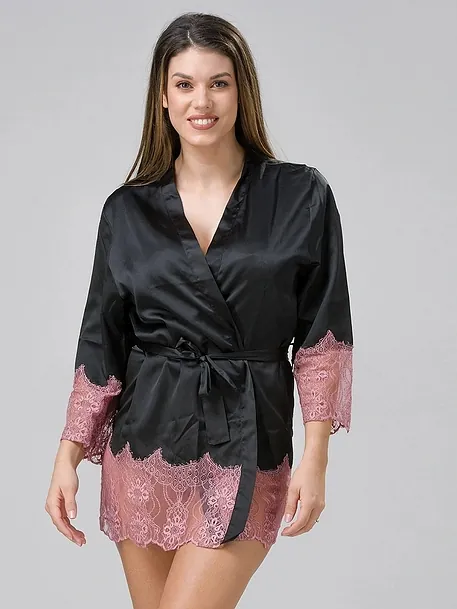 LUNA CABARET - SEXY ΜΑΥΡΟ KIMONO ΜΕ ΣΑΤΕΝ ΚΑΙ ΔΑΝΤΕΛΑ