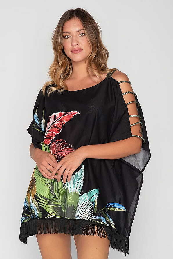EDEN WOMΑN KAFTAN WITH TROPICAL PRINT FRINGES AND SLEEVE SHINY DETAILS
