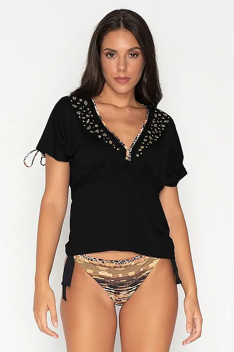 AFRICA ΓΥΝΑΙΚΕΙΑ ΚΟΝΤΗ ΜΠΛΟΥΖΑ ΜΟΝΟΧΡΩΜΗ ΜΕ ANIMAL ΛΕΠΤΟΜΕΡΕΙΕΣ ΚΑΙ ΣΤΡΑΣ