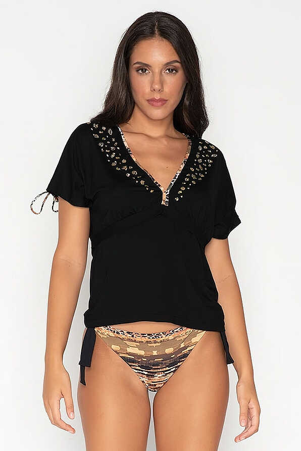 AFRICA ΓΥΝΑΙΚΕΙΑ ΚΟΝΤΗ ΜΠΛΟΥΖΑ ΜΟΝΟΧΡΩΜΗ ΜΕ ANIMAL ΛΕΠΤΟΜΕΡΕΙΕΣ ΚΑΙ ΣΤΡΑΣ