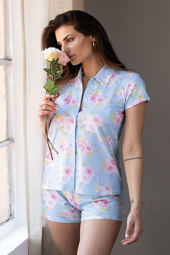 WOMAN SHORT BAMBOO PYJAMAS FLORAL WITH ALL BUTTON SHIRT