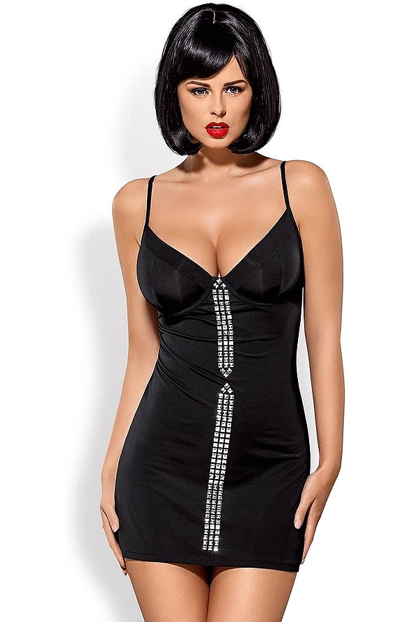 GRETIA DRESS & THONG ΣΕΤ ΓΥΑΛΙΣΤΕΡΟ ΦΟΡΕΜΑ ΜΕ ΣΤΡΑΣ ΜΠΡΟΣΤΑ ΚΑΙ STRING