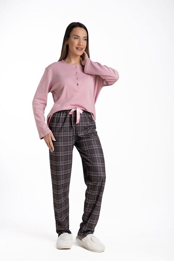 WOMAN LONG COTTON PYJAMAS WITH DEEP SERAPH NECKLINE & TARTAN OPEN LEGS PANTS