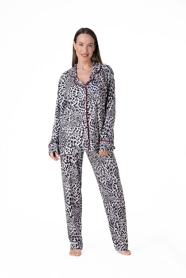 WOMAN LONG COTTON-VISCOSE ANIMAL LEOPARD PYJAMAS ALL BUTTONS WITH OPEN LEGS PANTS