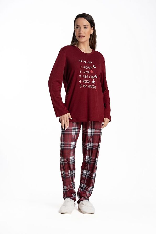 WOMAN LONG COTTON PYJAMAS WITH "TO DO LIST" PRINT AND TARTAN OPEN LEGS PANTS