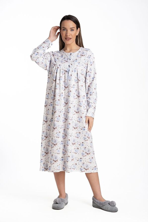 WOMAN MAXI COTTON NIGHTDRESS WITH DEEP SERAPH NECKLINE AND BUTTON CLOSURE AT SLEEVES