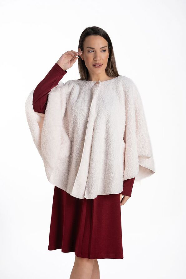 WOMAN FLEECE PLAIN PONCHO SHAWL WITH BUTTON CLOSURE & POCKETS