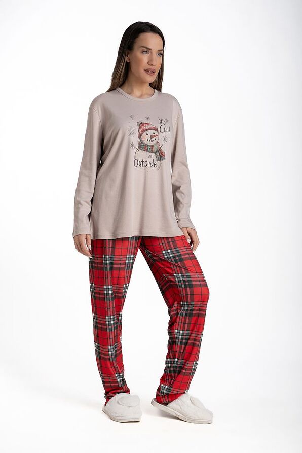 WOMAN LONG COTTON PYJAMAS WITH "SNOWMAN" PRINT AND TARTAN OPEN LEGS PANTS
