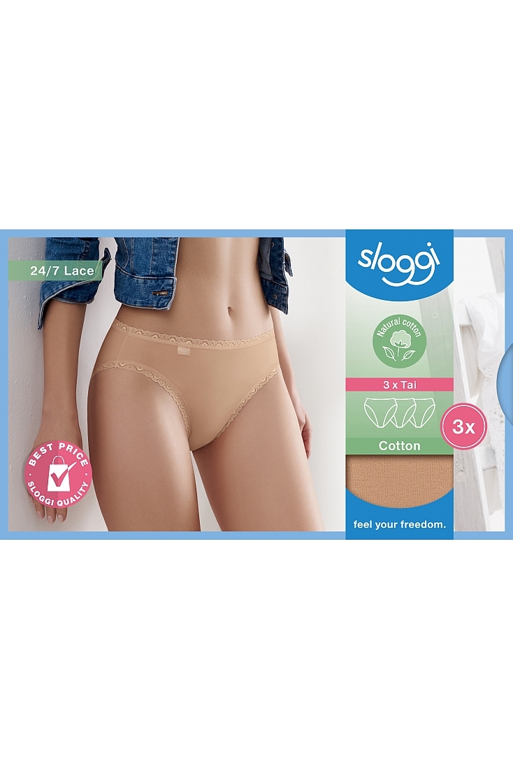 3-PACK ΓΥΝΑΙΚΕΙΟ ΒΑΜΒΑΚΕΡΟ ΣΛΙΠ BIKINI ΨΗΛΟΜΕΣΟ ΜΕ ΔΑΝΤΕΛΑ ΚΑΝΟΝΙΚΗΣ ΠΙΣΩ ΚΑΛΥΨΗΣ-SLOGGI 24/7 COTTON LACE TAI