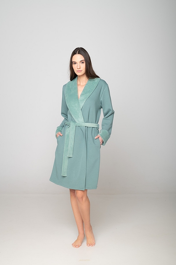 WOMAN COTTON VELOUR ROBE LONG PLAIN WITH SHINY LAPELS SLEEVE CUFFS AND BELT