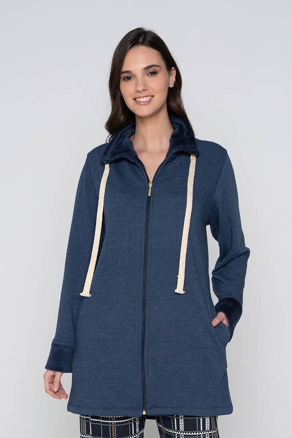 WOMAN LONG COTTON ZIP UP SWEATER WITH SIDE POCKETS AND VELOUR DETAIL