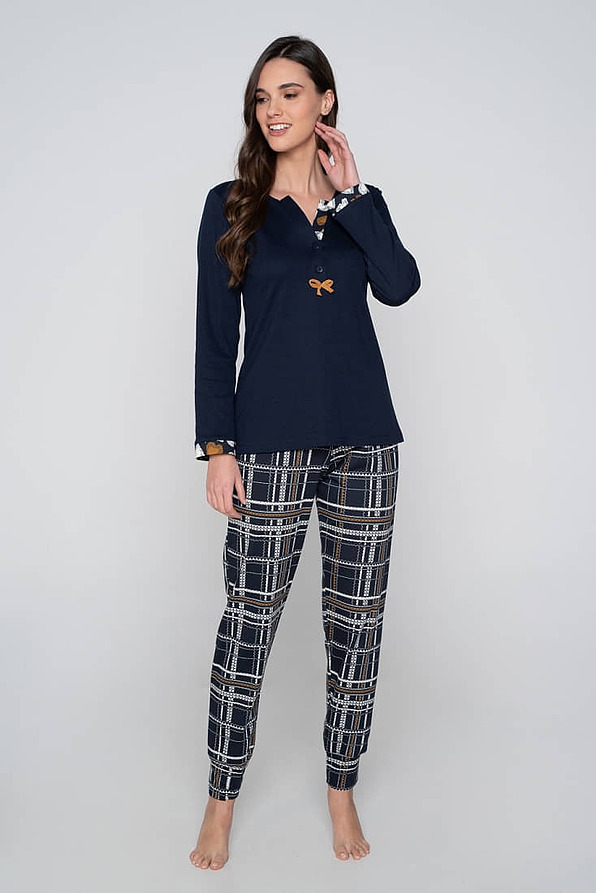 WOMAN LONG COTTON PYJAMAS TARTAN PRINT BUTTON OPENING AND CUFFED LEGS
