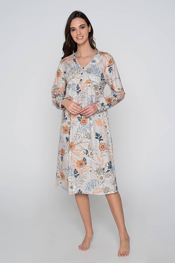 WOMAN LONG COTTON NIGHTDRESS FLORAL BUTTON OPENING