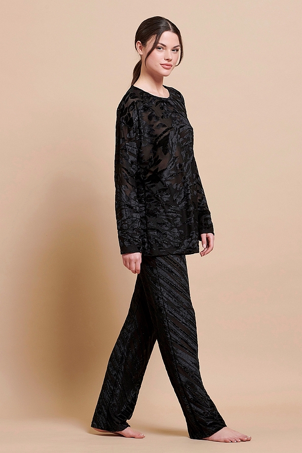 WOMAN LONG PYJAMAS MESH WITH DEVORE VELVET FLORAL MOTIF OPEN LEG PANTS