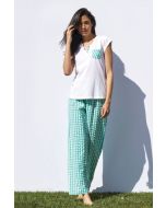 PJ LEALIA WOMAN COTTON LONG PYJAMAS WITH WOVEN VICHY PANTS OPEN LEG SHORT SLEEVES AND OPEN BUTTON NECK WITH POCKET