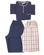 MAN COTTON PYJAMAS SET 3-PIECES SHORT SLEEVES OPEN BUTTONS NECK CHECKED PATTERN BERMUDA AND LONG UNI