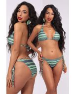WOMAN SWIMSUIT BIKINI SET SHINY STRIPY PRINT TOP TRIANGLE CUP D UNWIRED WITH REMOVABLE PADS AND BOTTOM TANGA WITH CORDS