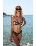 WOMAN SWIMSUIT BIKINI SET STRAPLESS CUP E WITH STRIPY PATTERN ON TOP AND TROPICAL ON BOTTOM PADDED WIRED WITH ADJUSTABLE REMOVABLE STRAPS AND BRAZIL BOTTOM MODERATE BACK COVERAGE