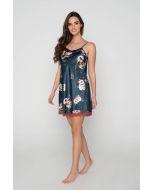 WOMAN SATIN SHORT NIGHTDRESS FLORAL WITH LACE TRIMMING