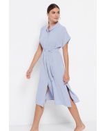 WOMAN LONG CHEMISE VISCOSE DRESS PLAIN WITH WAIST BELT AND SIDE OPENINGS