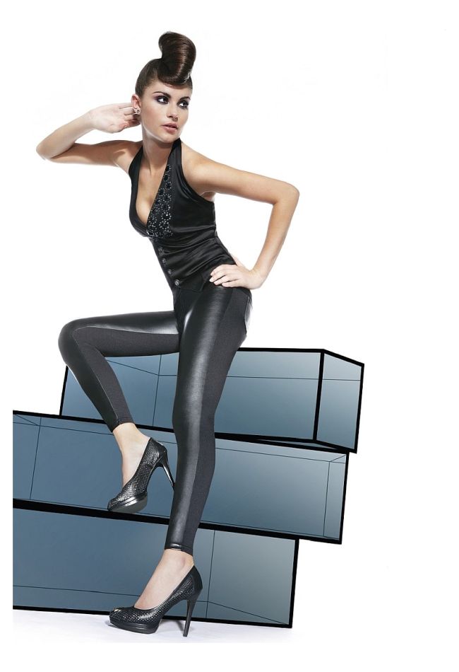 ELASTIC LEGGINGS MADE WITH ECO-LEATHER ELEMENTS. ECO-LETAHER MATERIAL IS COMPLETELY COVERING, ELASTIC, MODELLING SILK.