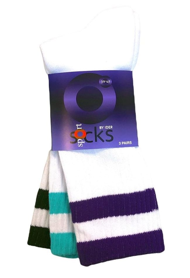 3-PACK UNISEX COTTON SPORTS TENNIS SOCKS WITH REINFORCED FOOT RIB CUFF AND COLORFUL HORIZONTAL STRIPES PATTERN