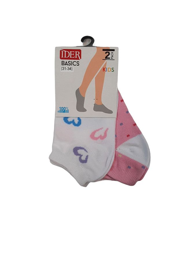2-PACK COTTON FASHION KIDS ANKLE SOCKS, ONE WHITE WITH HEARTS AND ONE PINK WITH DOTS