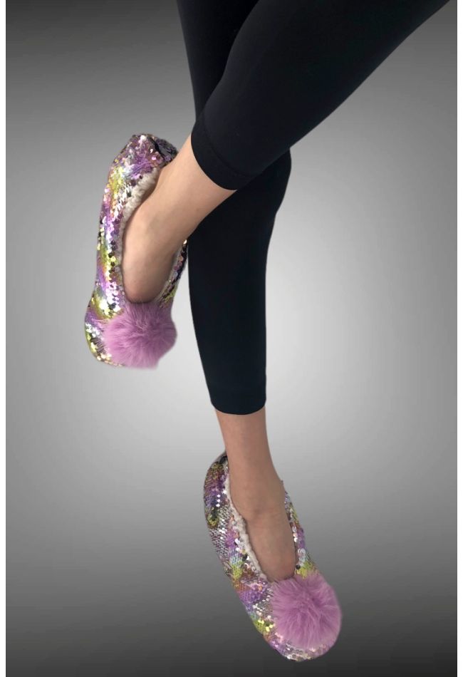 WOMAN ANTI-SLIP SLIPPERS WITH ABS TURNING SEQUINS AND FLUFFY LINING INSIDE