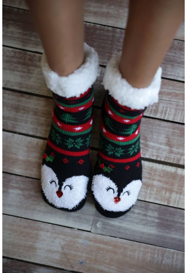 WOMAN ANTI-SLIP CHRISTMAS SLIPPERS WITH FLUFFY LINING INSIDE AND PENGUIN OR RUDOLF PATTERN WITH APLIQUE DETAILS