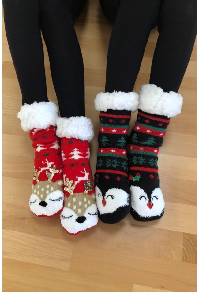 KIDS ANTI-SLIP CHRISTMAS SLIPPERS WITH FLUFFY LINING INSIDE AND PENGUIN OR RUDOLF PATTERN WITH APLIQUE DETAILS