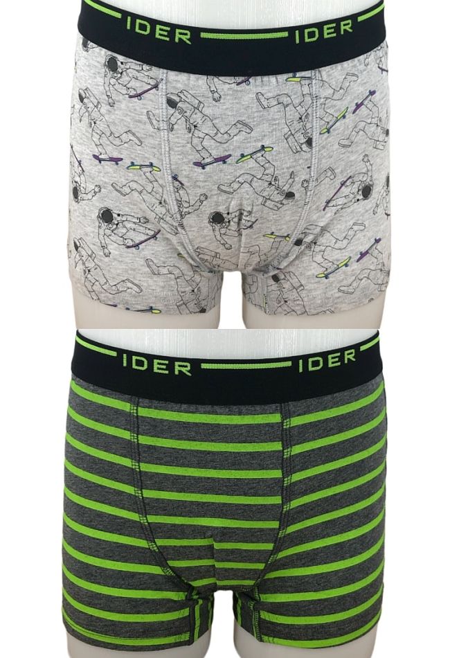 2-PACK BOY BOXER WITH EXTERNAL WAISTBAND AND ASTRONAUTS AND FLUO STRIPY PRINT