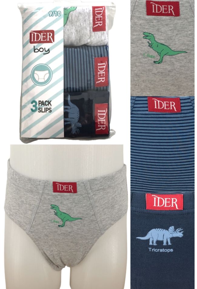 3-PACK BOY BRIEFS WITH INTERNAL WAISTBAND AND DYNOSAURS AND STRIPY PRINT