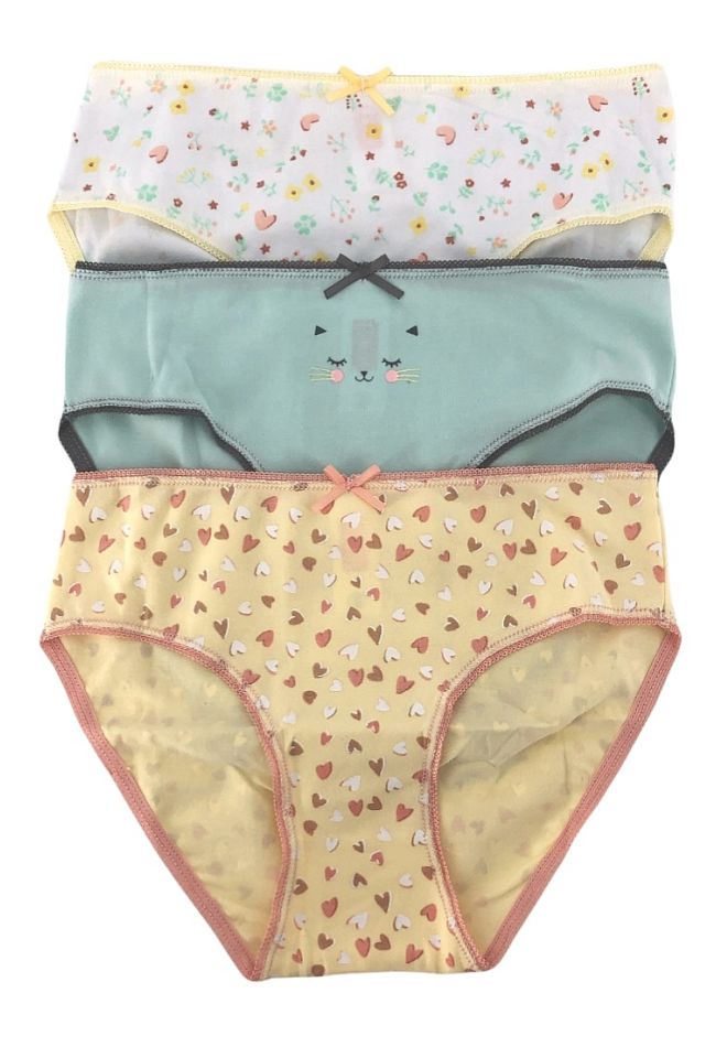 3-PACK GIRL COTTON KNICKERS WITH HEARTS-FLORAL-KITTY PATTERN