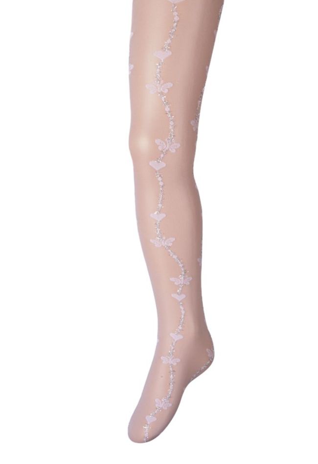 GIRL ELASTIC TIGHTS WITH SILVER LUREX & HEARTS AND BUTTERFLIES PATTERN