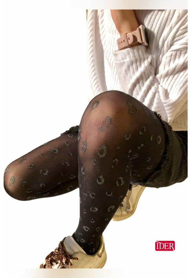GIRL OPAQUE TIGHTS 40DEN WITH PANTY AND GREY GLITTER BOWS ANIMAL PATTERN