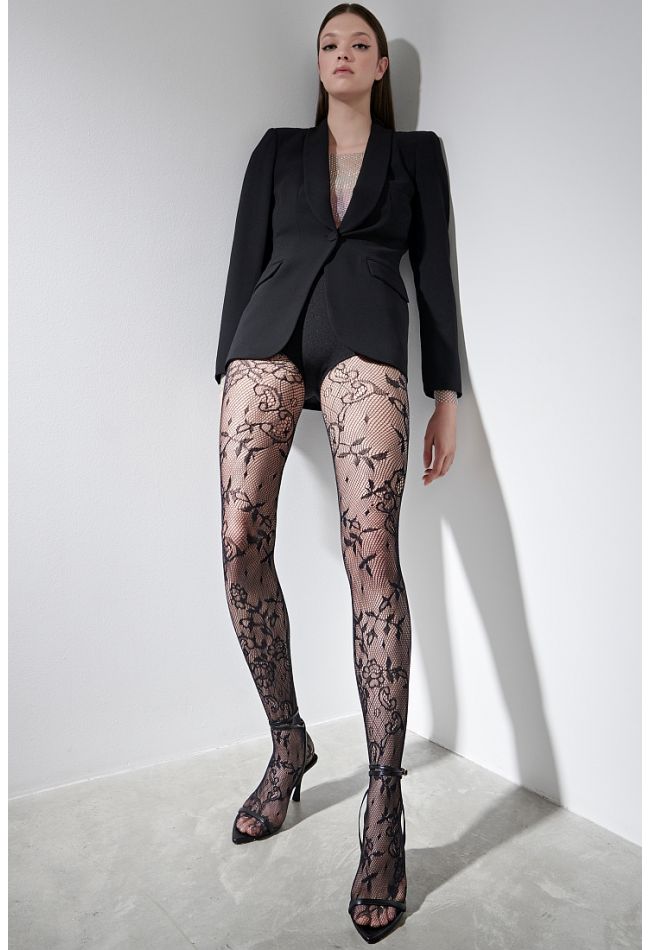 WOMAN FISHNET LACE ELASTIC TIGHTS 37DEN WITH FLORAL PATTERN