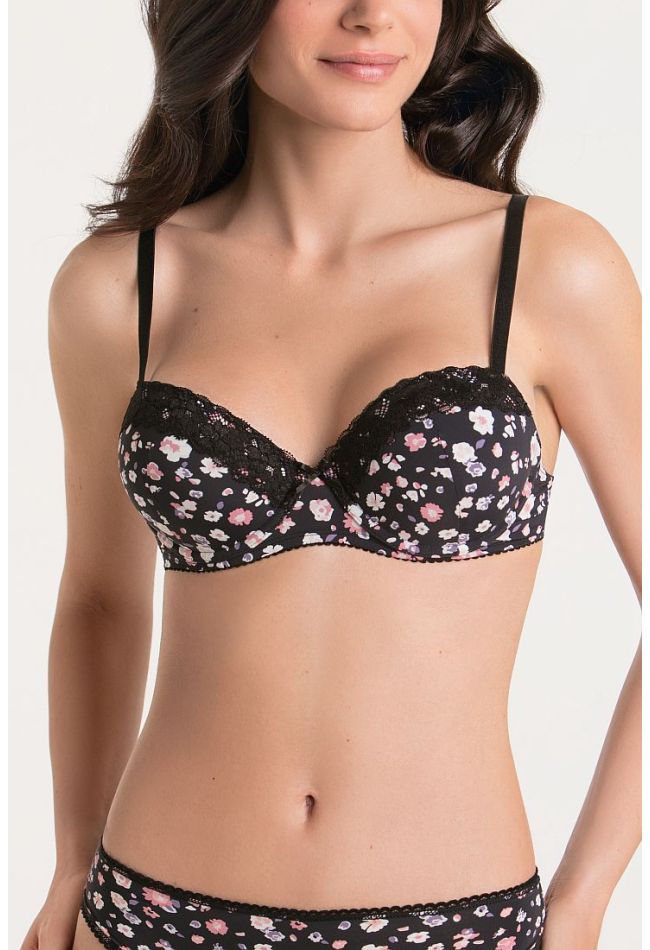 WOMAN UNPADDED BRA OF SOFT MICROFIBER WIRED ADJUSTABLE STRAPS FLORAL WITH LACE - RGS FERR. MANIVA