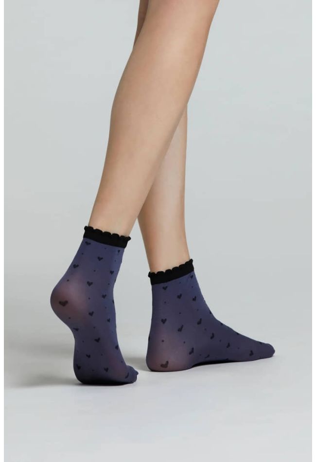 CZ ALTHEA WOMAN ELASTIC SOCKS WITH DOTS AND HEARTS PATTERN AND CONTRASTING SCALLOPED CUFF
