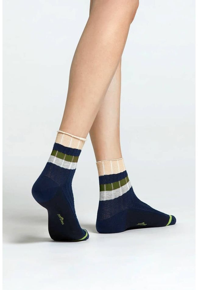 CZ BEGONIA RIB COTTON SOCKS WITH HORIZONTAL STRIPES IN CONTRAST COLOR AND ROLL TOP CUFF