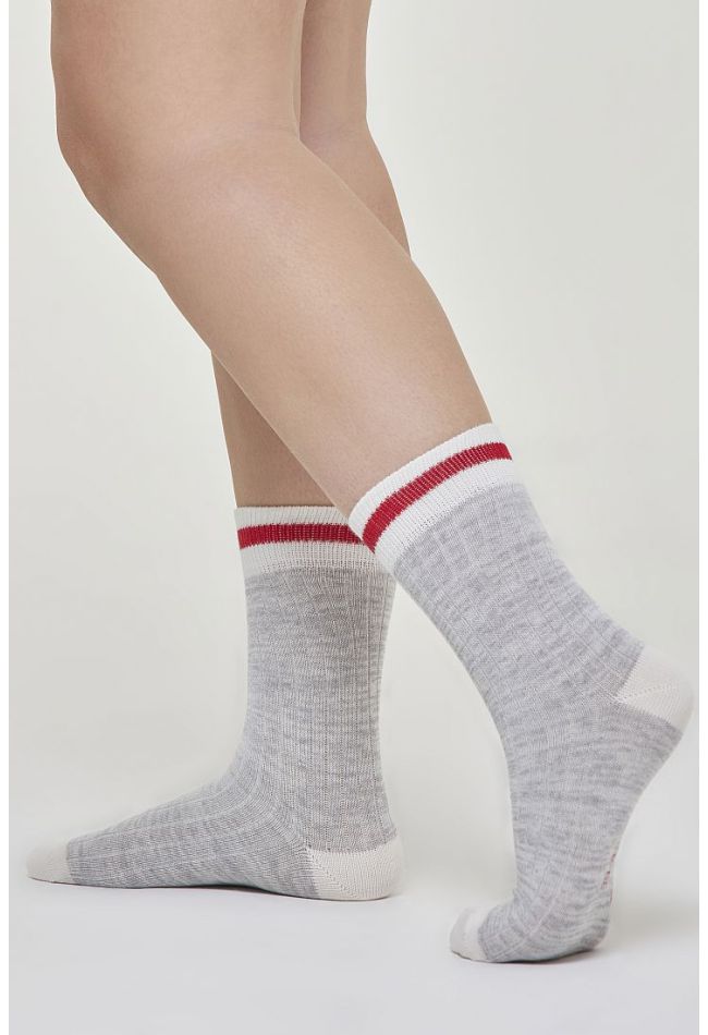 UNISEX SLUB COTTON NORMAL SOCKS WITH TOE HEEL AND CUFF IN CONTRAST COLOR AND STRIPY PATTERN AT CUFF - CZ ANDRE
